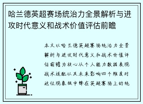 哈兰德英超赛场统治力全景解析与进攻时代意义和战术价值评估前瞻